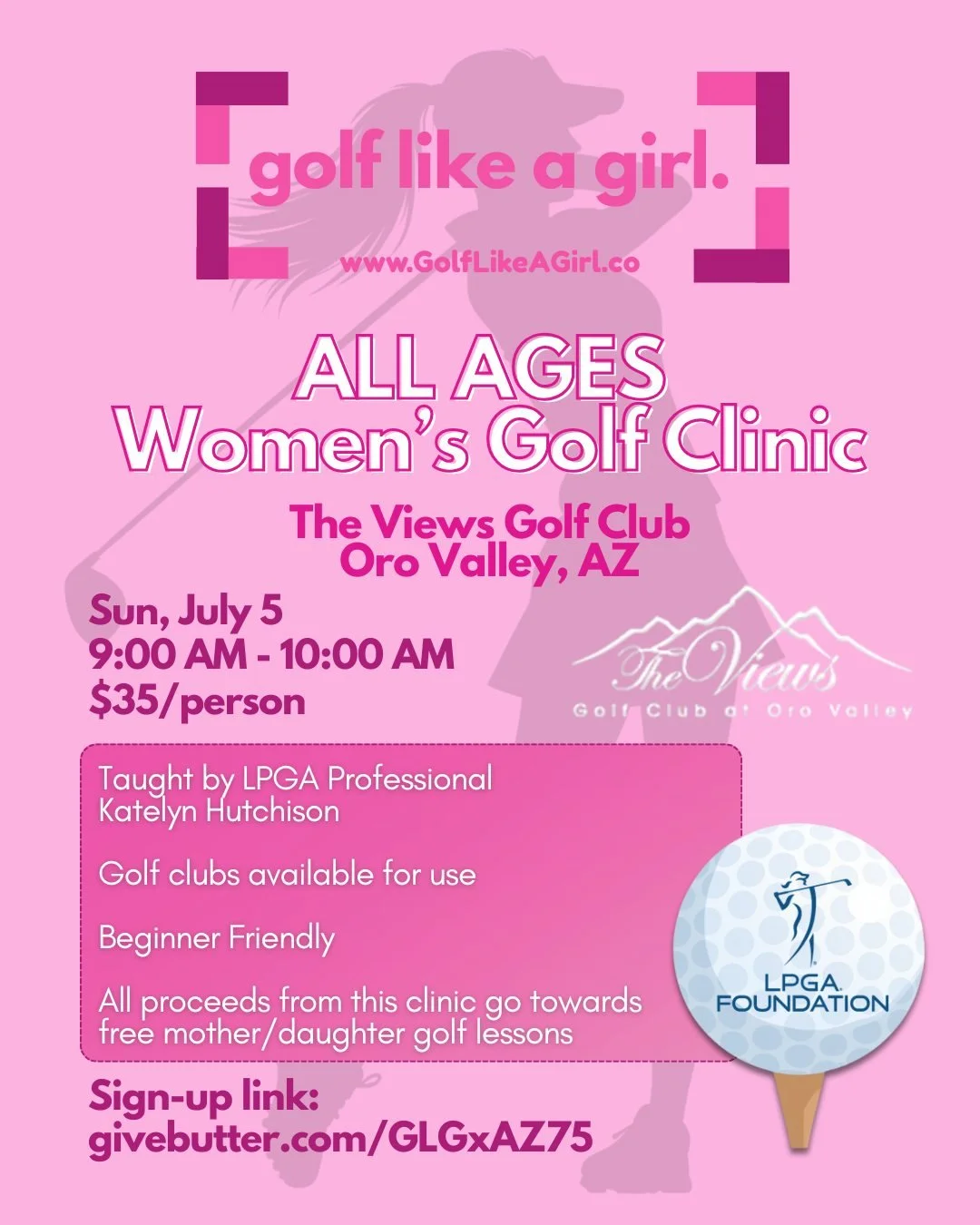 💕ALL AGES Women's Golf Clinic in Oro Valley, AZ💕 

A space for women to learn to golf while having a gab sesh with your girls. Golf Lesson taught by LPGA Professional Katelyn Hutchison!

Sign up today using link in bio! 🏌️&zwj;♀️

#GolfLikeAGirl #