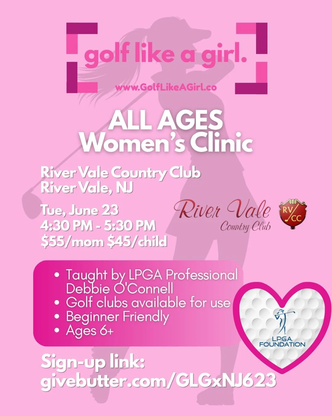 🚨🚨River Vale! We have an awesome event for you!

Join our ALL AGES Women's Golf Clinic with our incredible coach - Debbie O'Connell. 

Sign up today! ⛳️💕🏌️&zwj;♀️

#GolfLikeAGirl #Girlswhogolf #GolfInspo #Golf #womenwhogolf