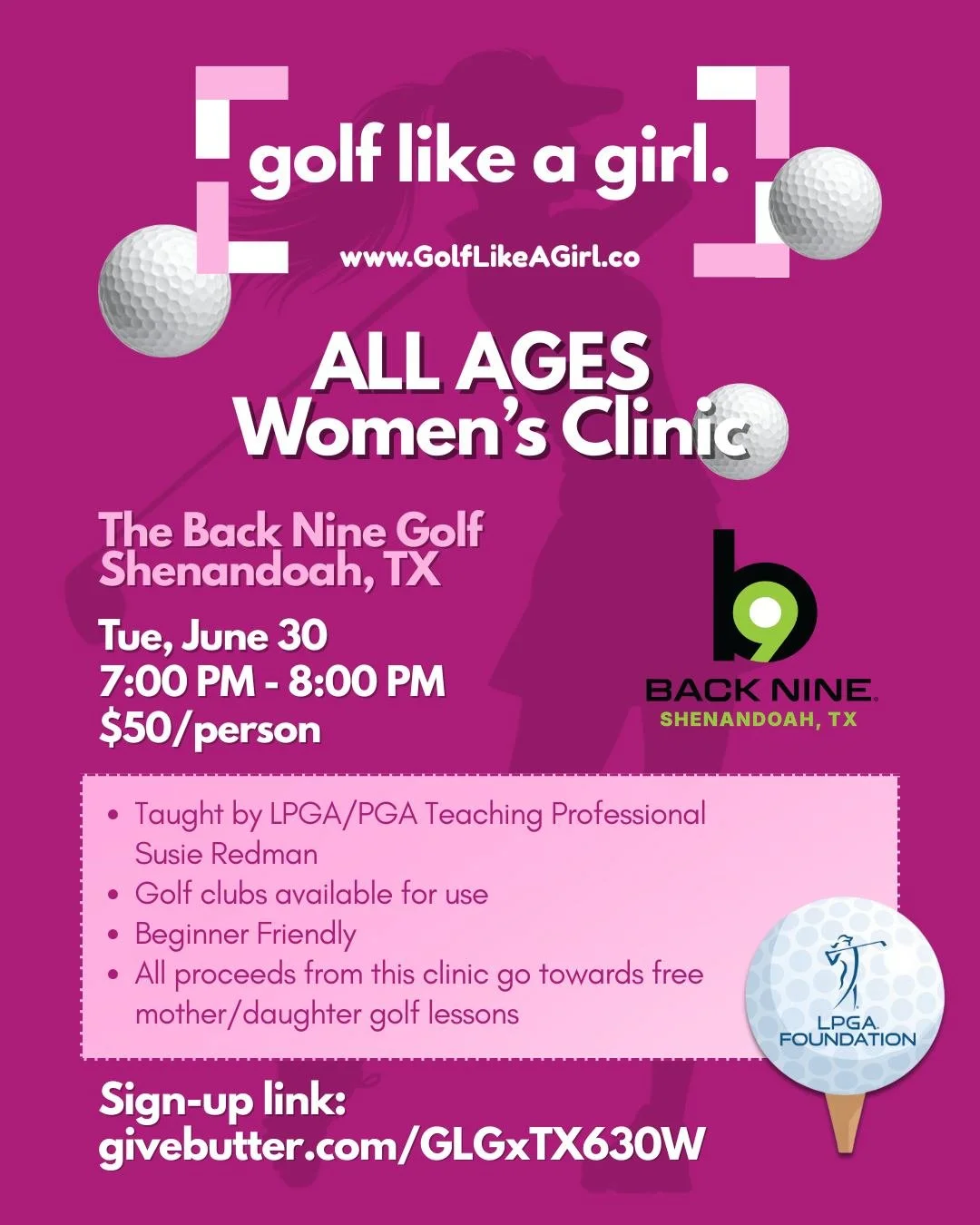 🚨ALL AGES Women's Golf Clinic in Shenandoah, TX🚨

Taught by our amazing LPGA/PGA Teaching Professional Susie Redman!🩷

Sign up today!

#GolfLikeAGirl #girlswhogolf #womeningolf #GolfInspo #Golf