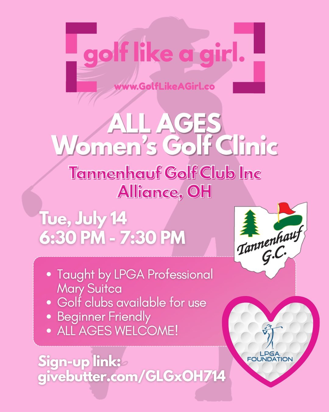 🚨🚨Alliance, OH! We have an awesome event for you. 

ALL AGES women's Golf Clinic golf with our incredible coach - Mary Suitca!. 

Sign up today! ⛳️💕🏌️&zwj;♀️

#GolfLikeAGirl #girlswhogolf #womeningolf #GolfInspo #Golf
