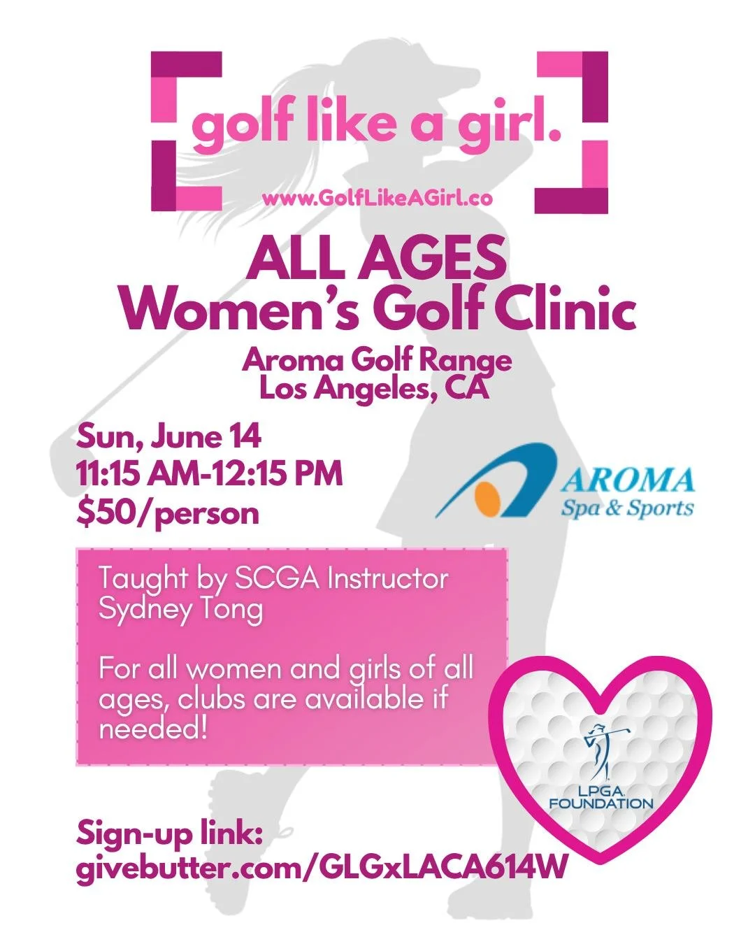 💕ALL AGES Women's Clinic takes LA💕 

A space for women to learn to golf while having a gab sesh with your girls. Golf Lesson taught by LPGA Professional Sydney Tong!

🩷Golf clubs available for use
🩷Beginner Friendly
🩷All proceeds from this clini