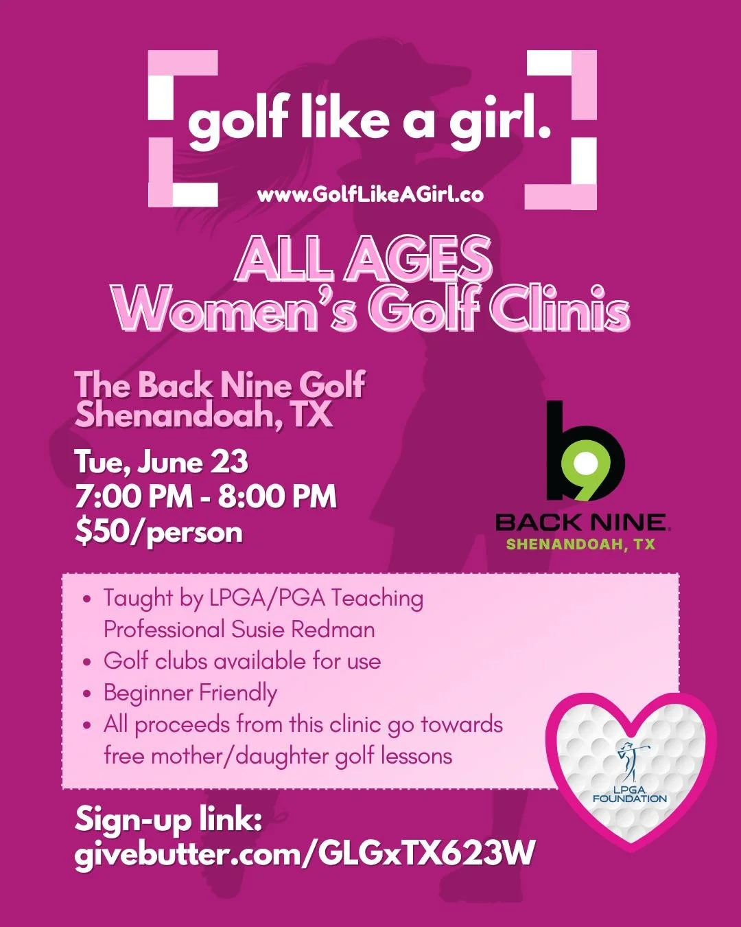 🚨ALL AGES Women's Golf Clinic in Shenandoah, TX🚨

Taught by our amazing LPGA/PGA Teaching Professional Susie Redman!🩷
Sign up today! 

#golfing #GolfLikeAGirl #girlswhogolf #womeningolf #GolfInspo #Golf