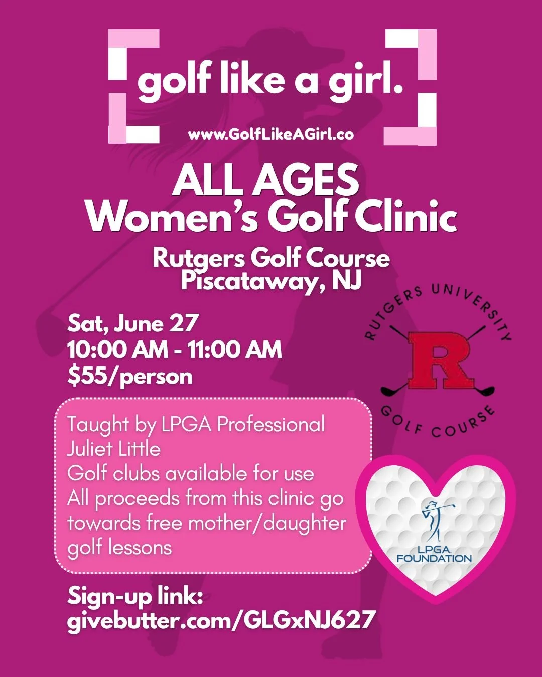 Join our ALL AGES Women's Golf Clinic in Piscataway, NJ 💕 

A space for women to learn to golf while having a gab sesh with your girls. Golf Lesson taught by LPGA Professional Juliet Little!

Sign up today using link! 🏌️&zwj;♀️ 

#GolfLikeAGirl #gi