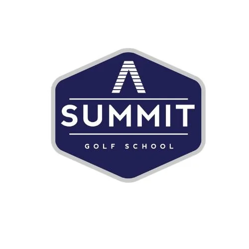 Logo for Summit Golf School featuring a hexagonal shape with a stylized mountain or summit graphic and the words "SUMMIT GOLF SCHOOL" on a dark blue background.