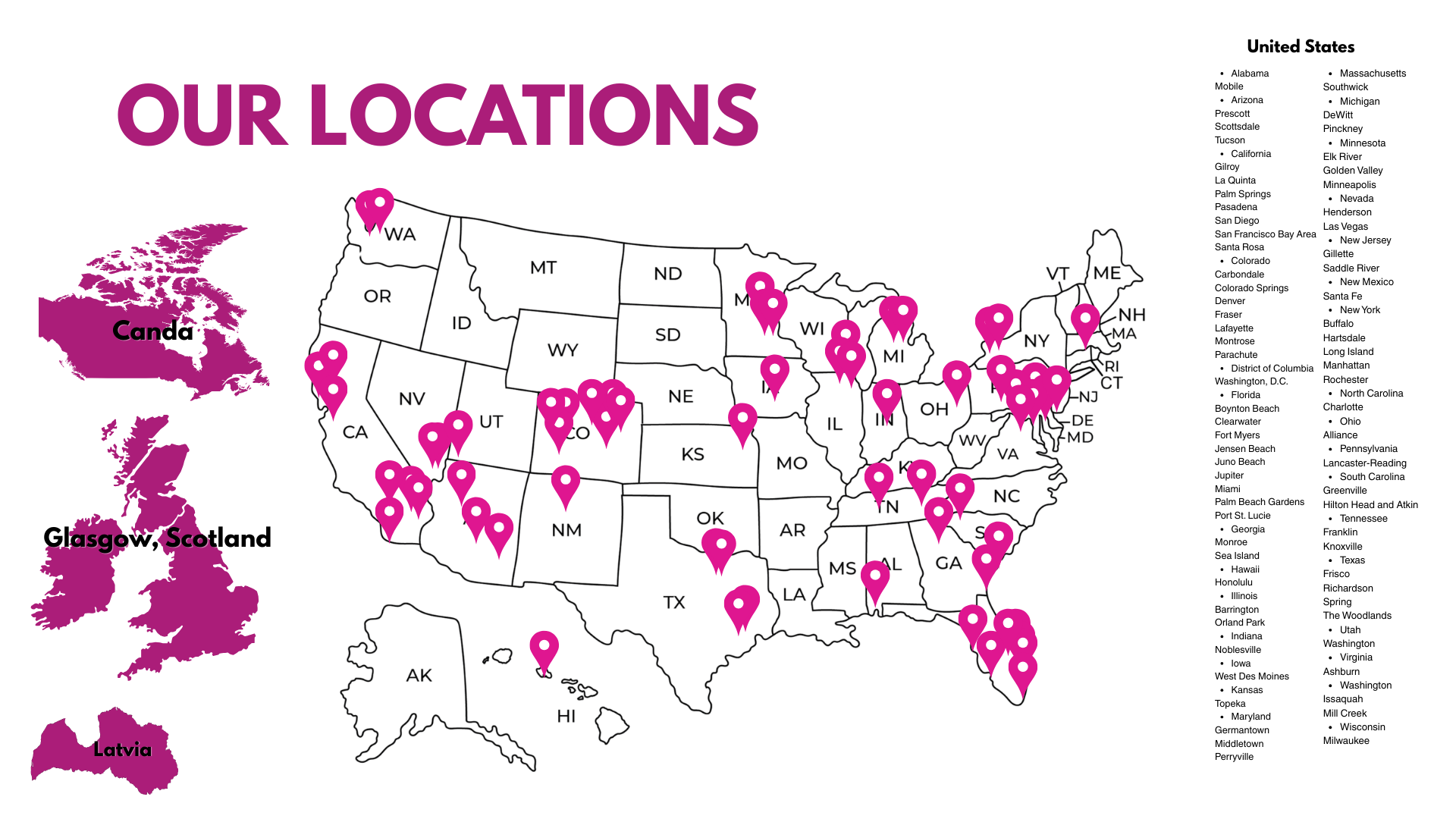 Map of the United States with location markers in various states, including California, Texas, Florida, New York, and others, indicating different company locations. An inset map shows the locations in Canada and the UK in purple.