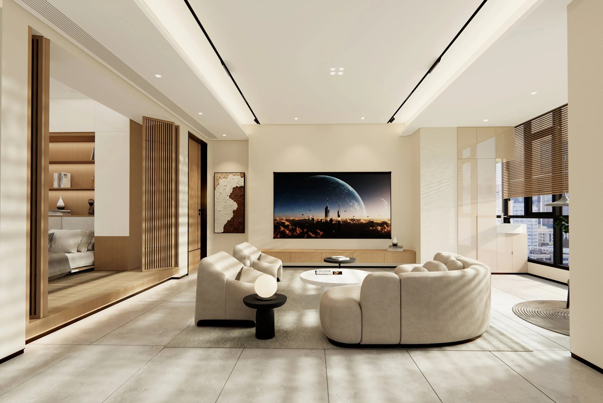 Modern living room with cream-colored curved sofa, round black coffee table with a small glowing lamp, large wall-mounted TV showing a space scene, bookshelf with decorative items, large windows with blinds, and light-colored tiled flooring.