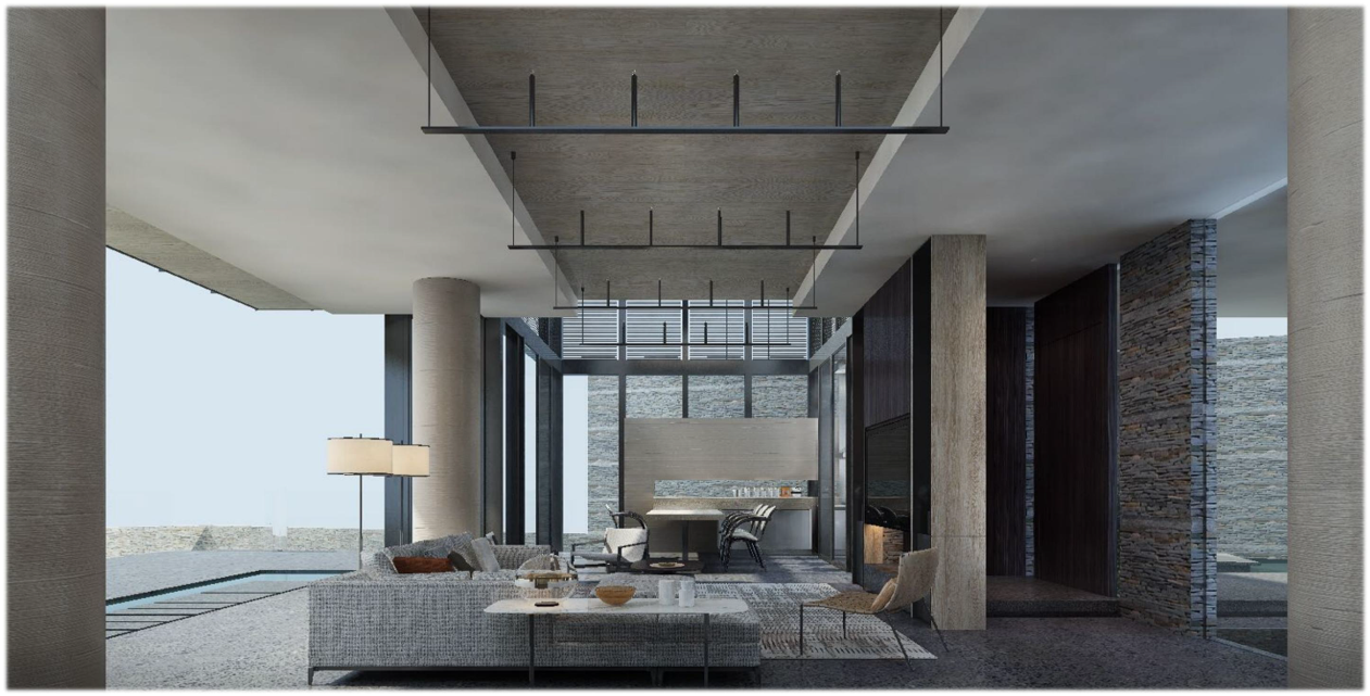Modern living room with grey sofa, floor lamp, and indoor fireplace, adjacent to a dining area with a rectangular table and chairs, large glass windows, and a stone wall.