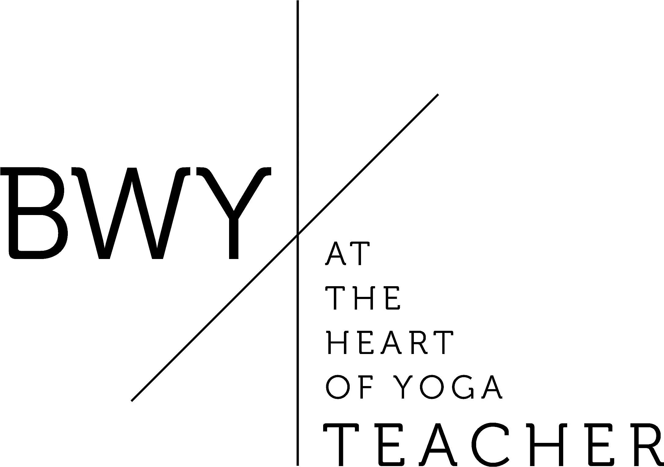 Logo with the words "BWY at the heart of yoga teacher" split by a diagonal line.