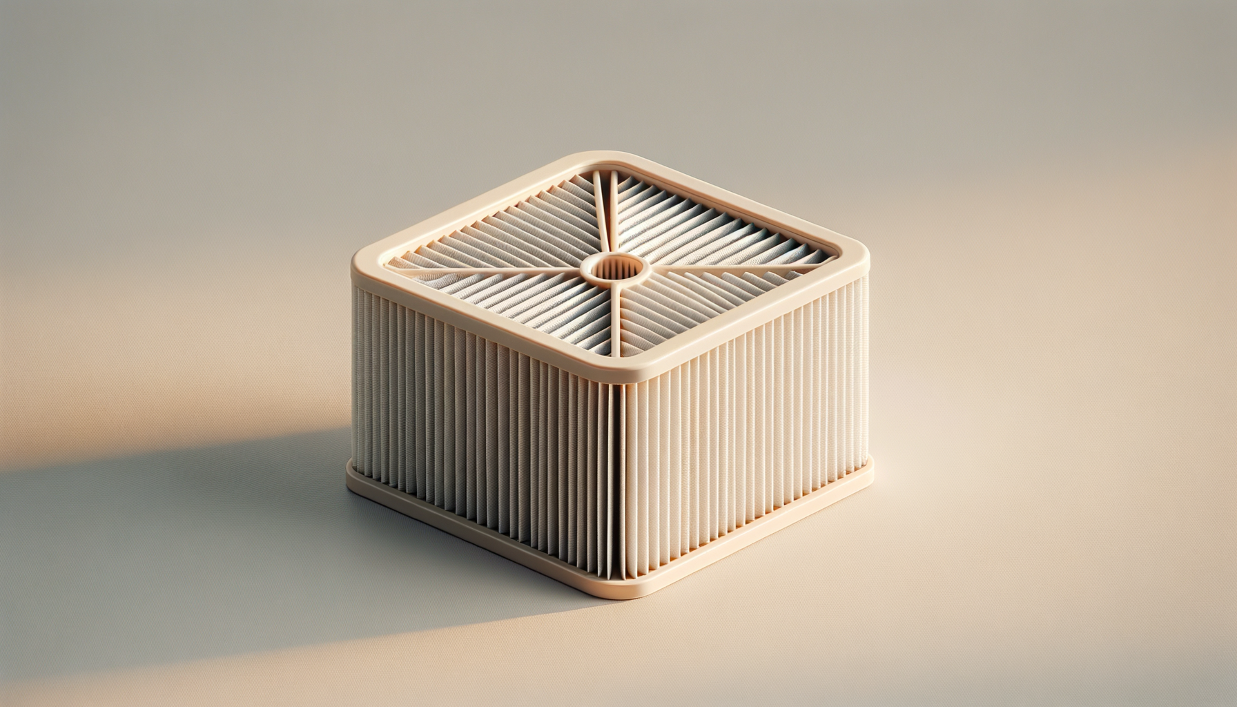 A beige rectangular air purifier filter with pleated filtering material on a beige surface with shadow beneath.
