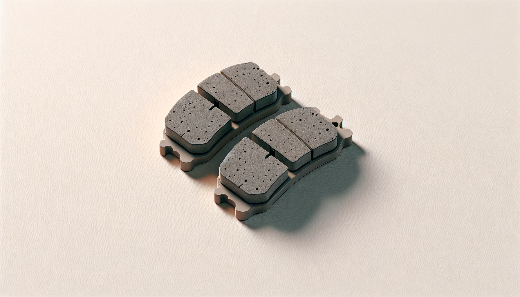 Close-up of two sets of four black brake pads on a light-colored surface, arranged neatly in a row with shadows.