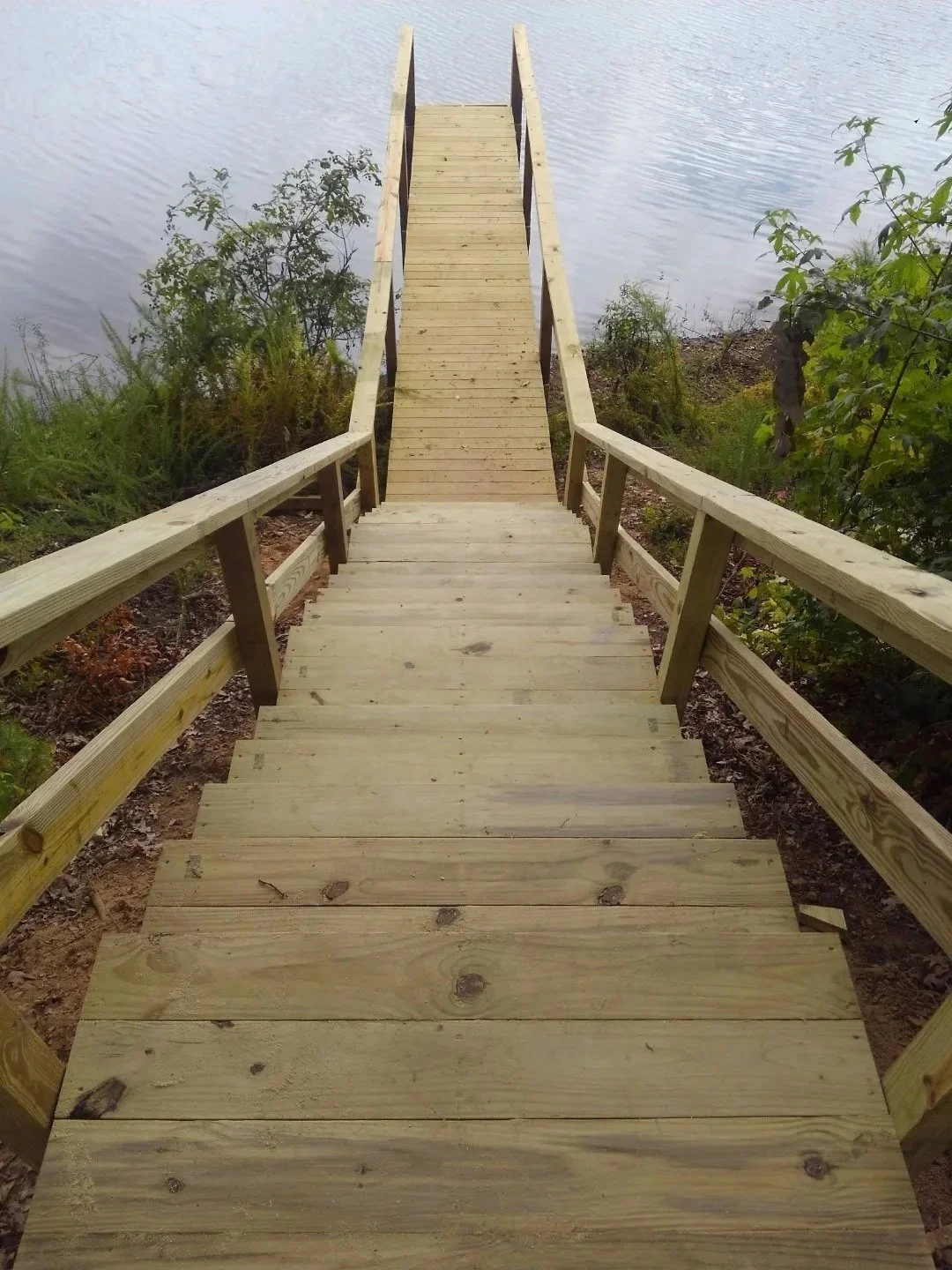 Wooden stairs leading down to a dock over a body of water, surrounded by green bushes and trees.
