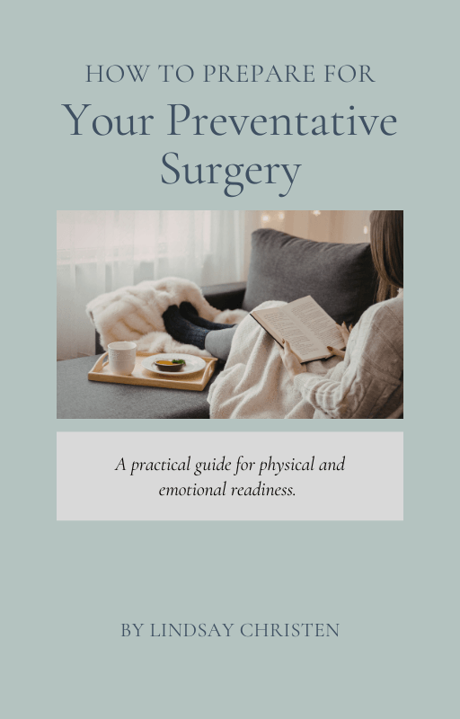 Book cover titled 'How to Prepare for Your Preventative Surgery' with a woman reading a book on a couch, at home, with a tray of tea and snacks nearby.