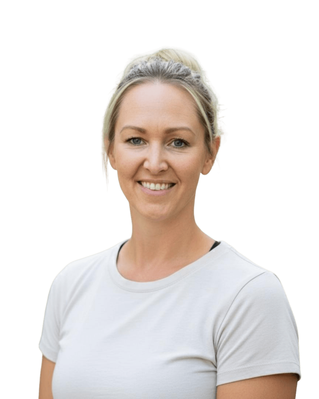 Lindsay Christen (Integrative Nutritionist and Menopause Specialist) with blonde hair tied back, smiling, wearing a white t-shirt.