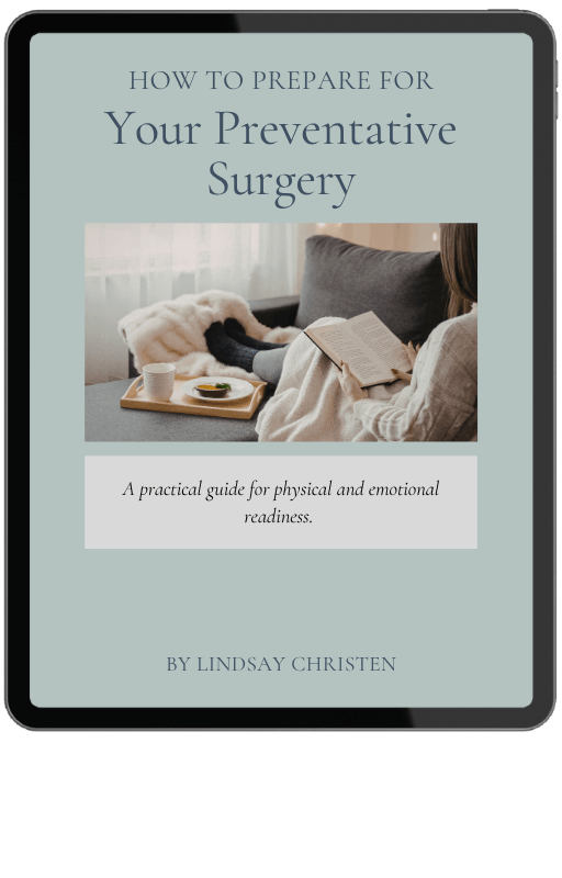 A book titled "How to Prepare for Your Preventative Surgery" by Lindsay Christen, displayed on an e-reader with a cover image of a woman sitting on a couch reading a book, with a tray that has a cup and a snack.