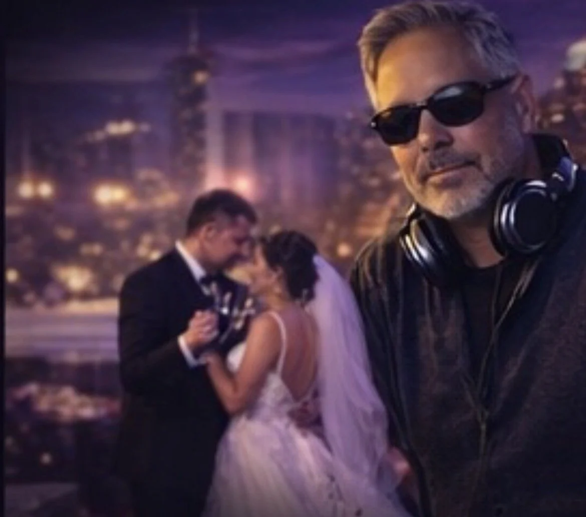 A man with gray hair and beard wearing sunglasses and headphones around his neck, standing in the foreground. In the background, a couple dressed in wedding attire sharing a kiss, with an urban city skyline illuminated at night.