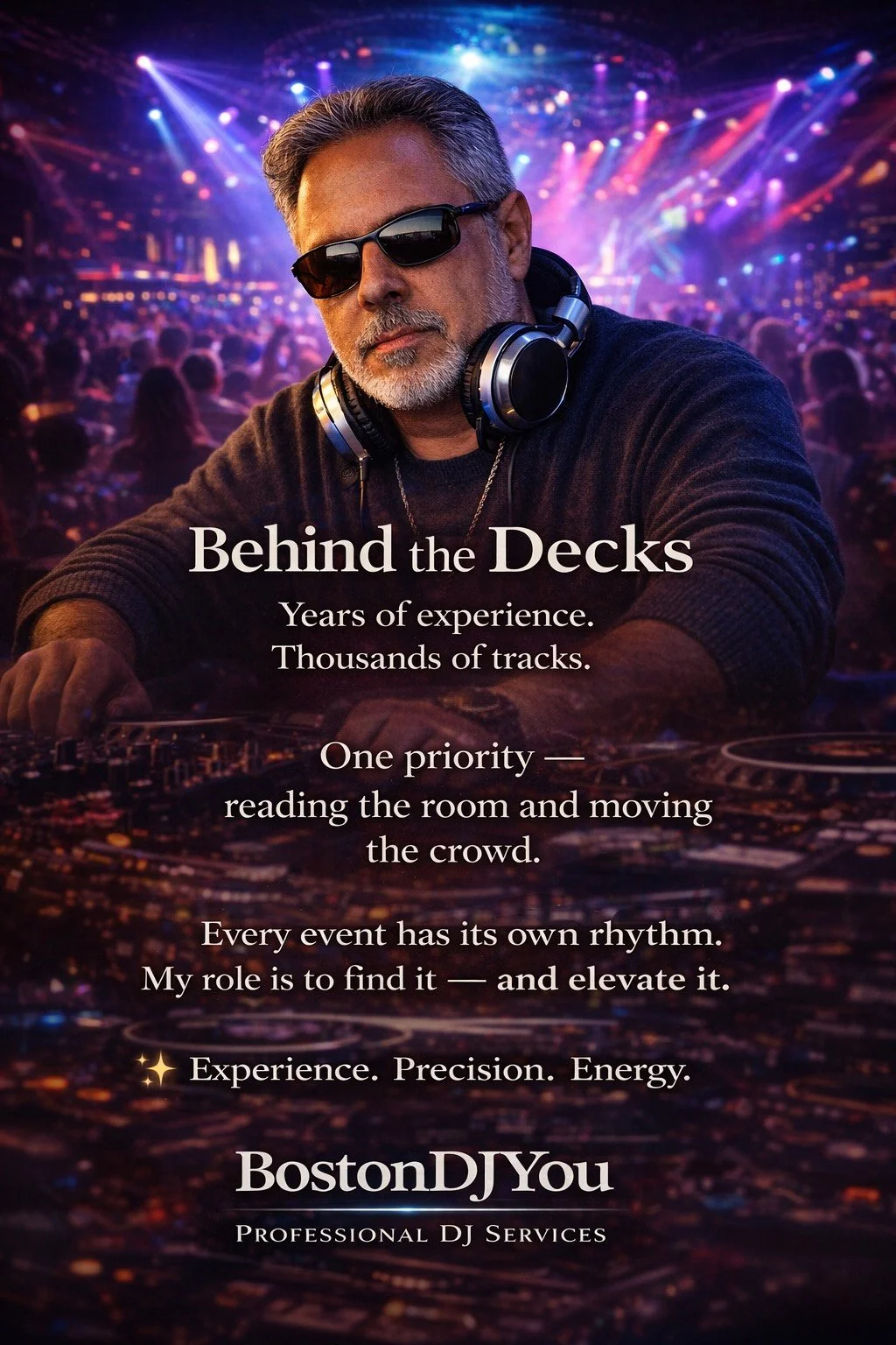 A mature male DJ wearing sunglasses and headphones around his neck, standing behind DJ equipment at a lively nightclub with colorful lights and a crowd in the background. Text overlay promotes DJ experience, professionalism, and services.