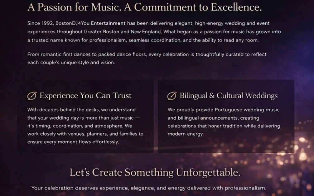 The image is a promotional flyer for BostonDJ4You, a wedding and event entertainment service. The flyer emphasizes passion for music, professionalism, and experience since 1992. It highlights services like trustworthiness, bilingual and cultural wedding music, and creating unforgettable celebrations.