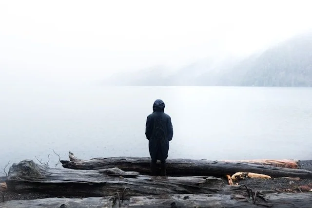 A person standing at the edge of a foggy lake, contemplating.