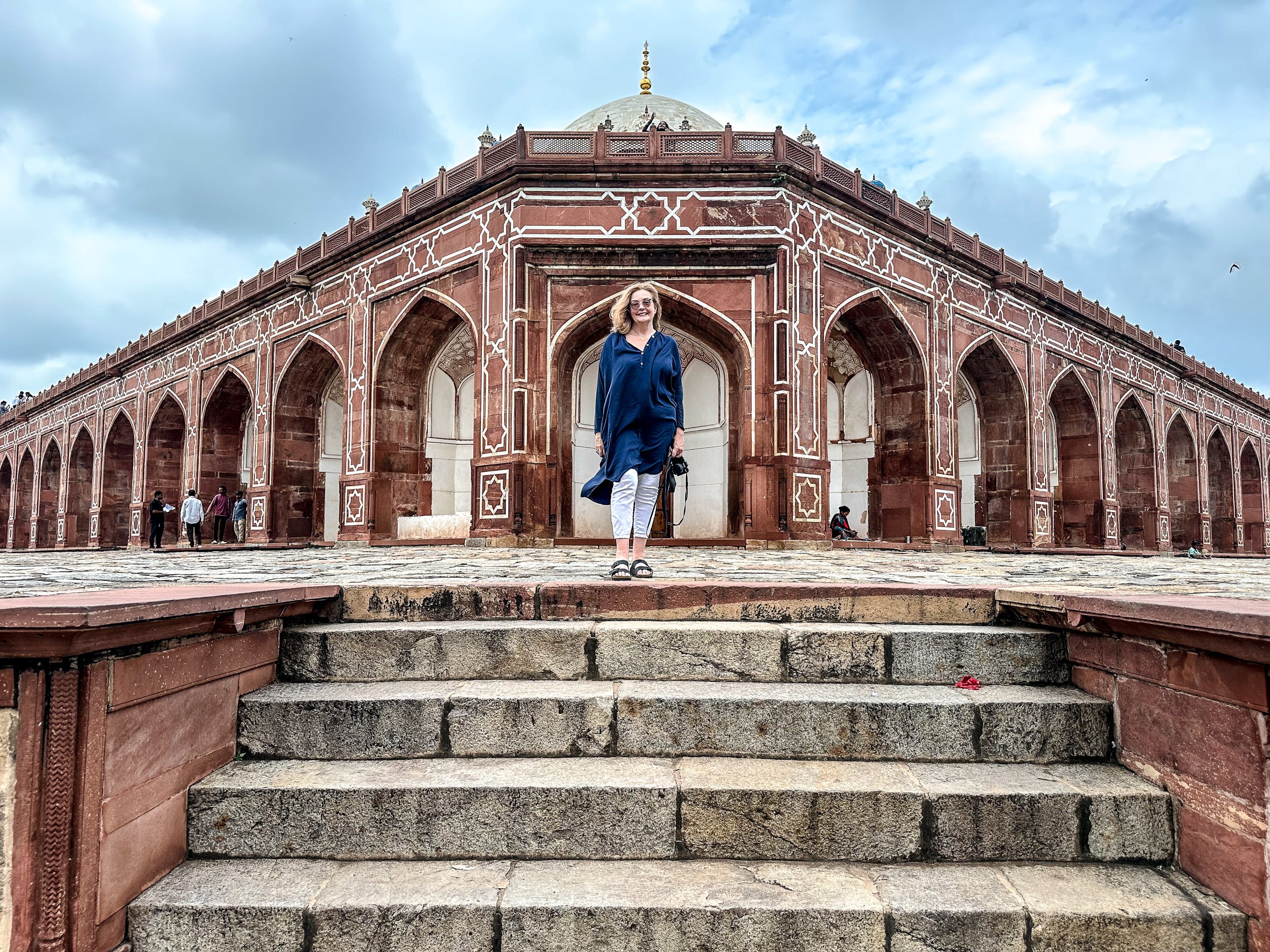 Bernadette O’Farrell at Humayun’s Tomb Delhi - founder of India with Bernadette women’s textile journeys