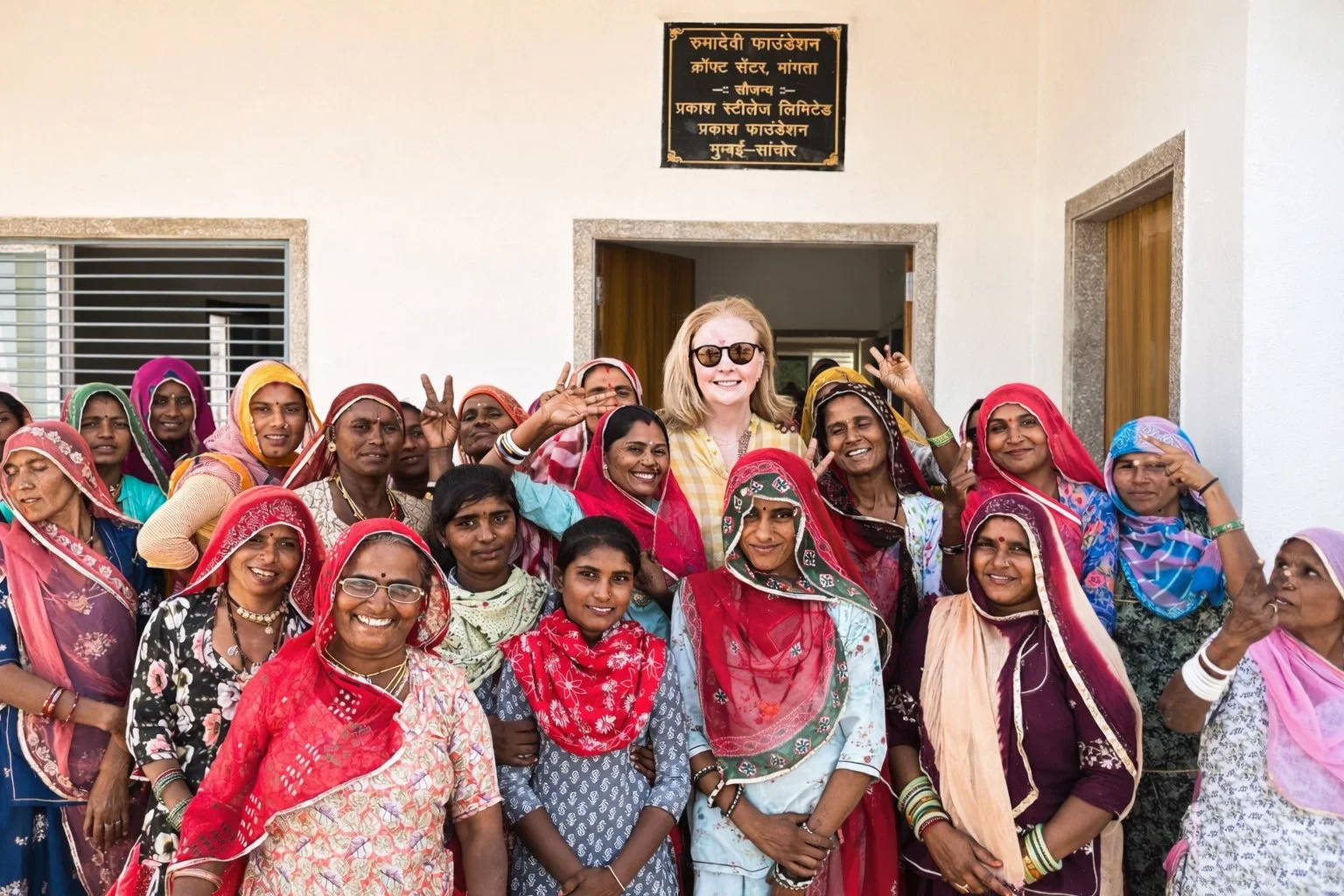 Bernadette O’Farrell with women artisans at a Ruma Devi craft workshop in Barmer, Rajasthan