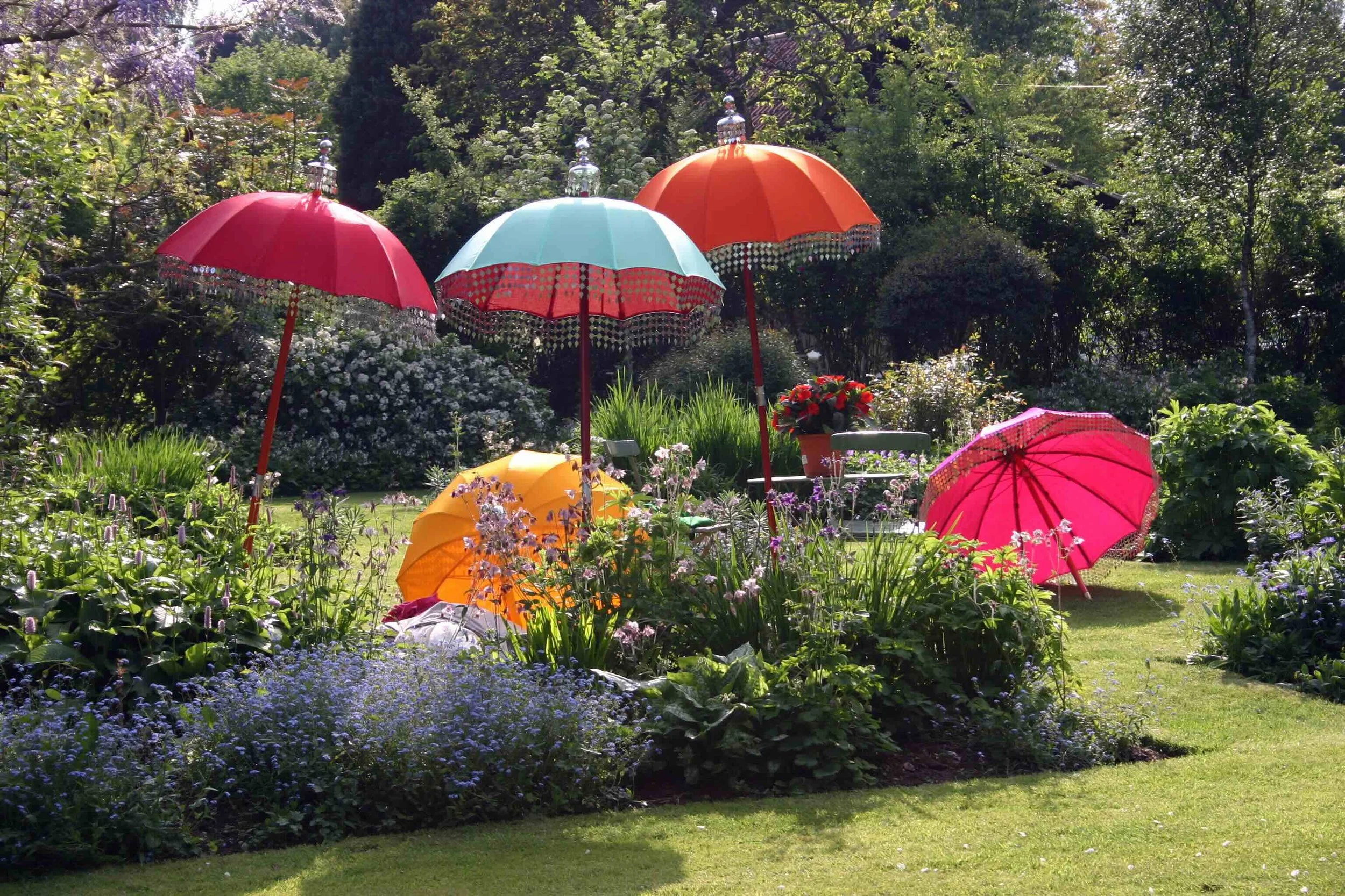 Colourful Indian Garden Company Raj umbrellas displayed in an English garden — the beginning of thirty years in India