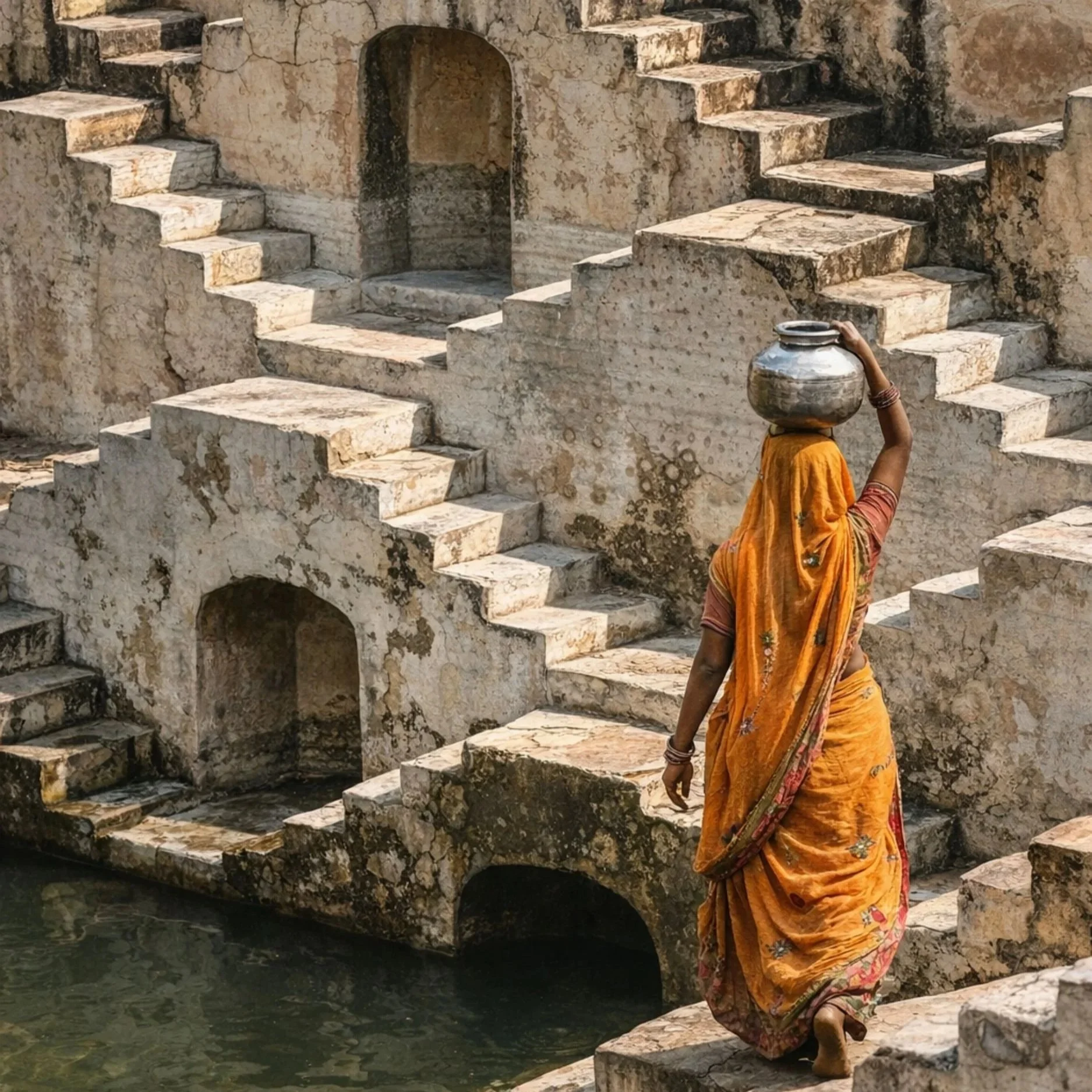 A woman wearing a yellow sari with floral patterns balances a large metal pot on her head while walking along stone steps beside water at an ancient site with weathered, whitewashed walls and arches.