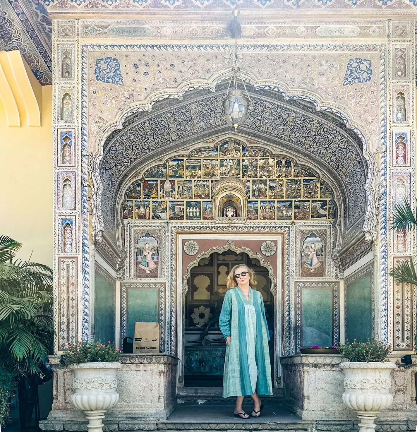 Bernadette O’Farrell at Samode Haveli Jaipur - heritage hotel, India with Bernadette Rajasthan textile journey