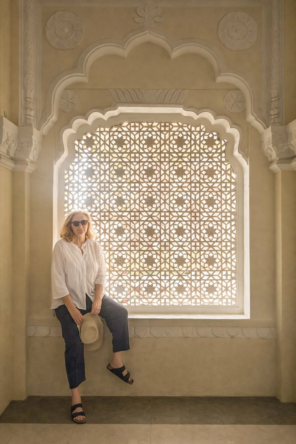 Bernadette O’Farrell beside an ornate jali screen at Mehrangarh Fort, Jodhpur, Rajasthan