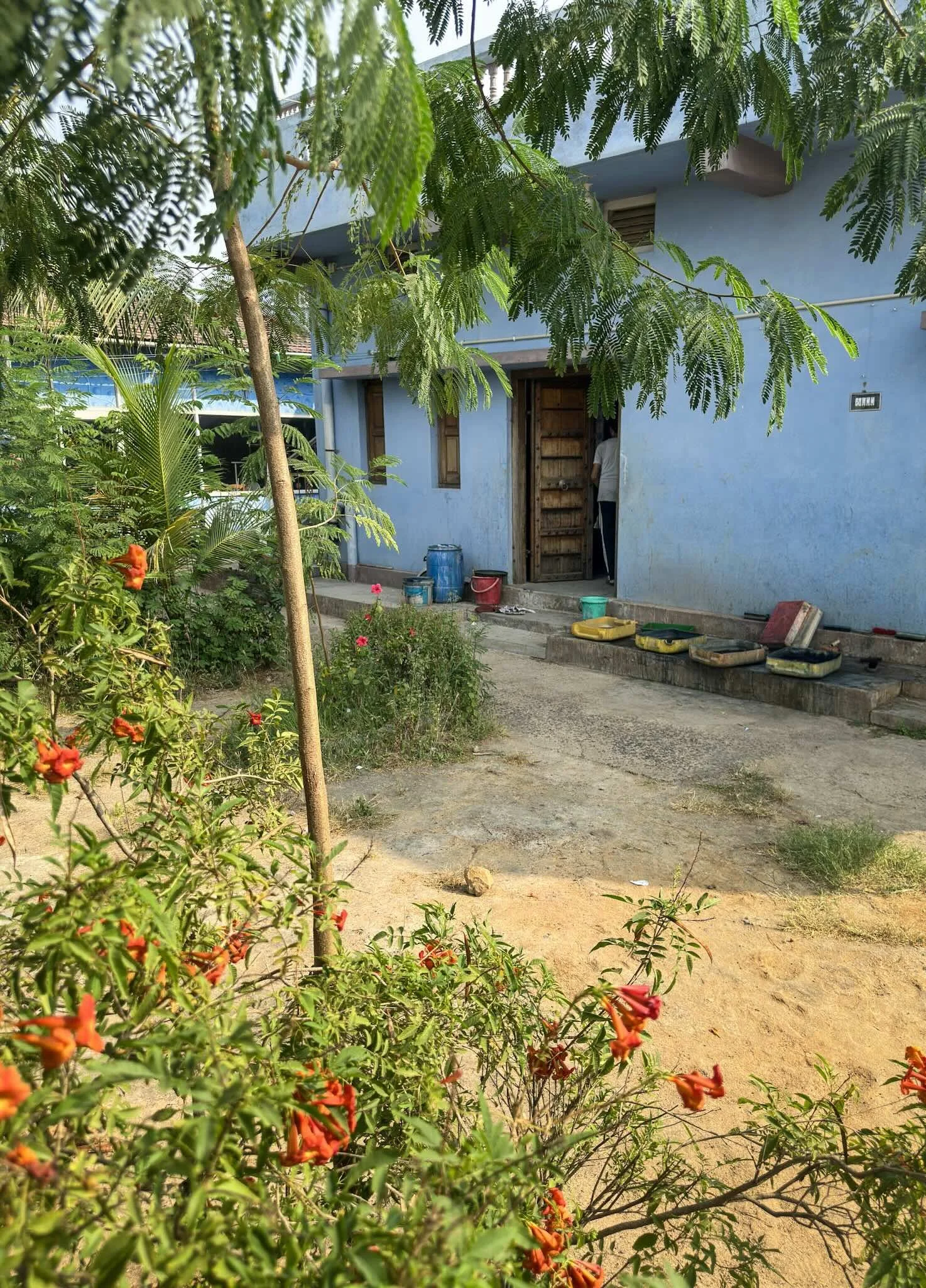 The exterior of Khatri Sufiyan Ismail’s ajrakh workshop in Ajrakhpur — blue walls catching the afternoon light, vivid orange flowers and lush greenery against the dry sandy ground.