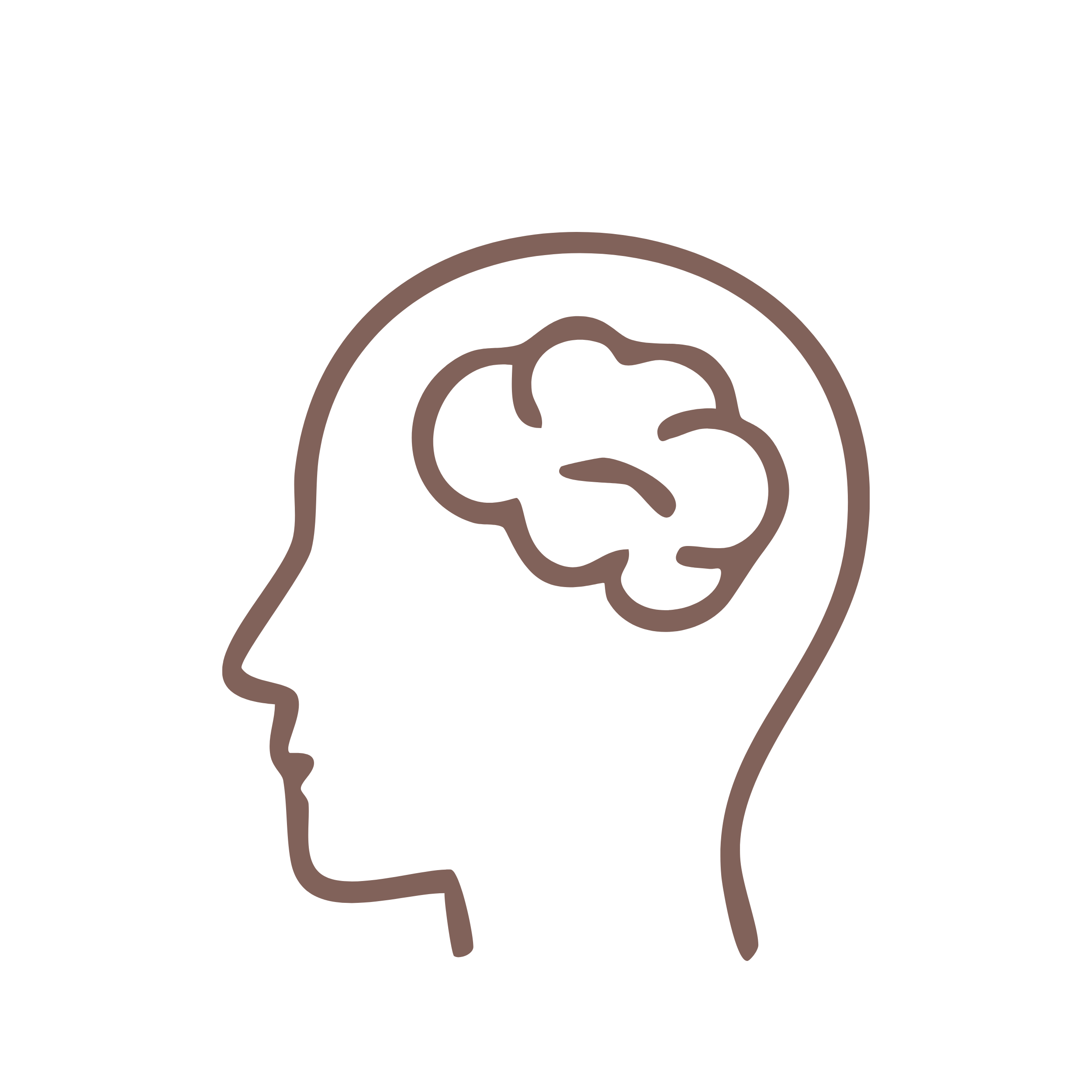 Line drawing of a human head with a brain inside, outlined in brown on a black background.