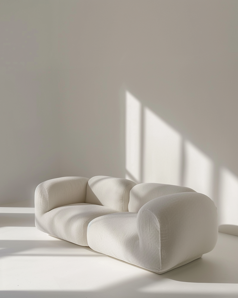 White, plush, modern sofa with rounded edges in a bright room with sunlight streaming through a window casting shadows on the wall.
