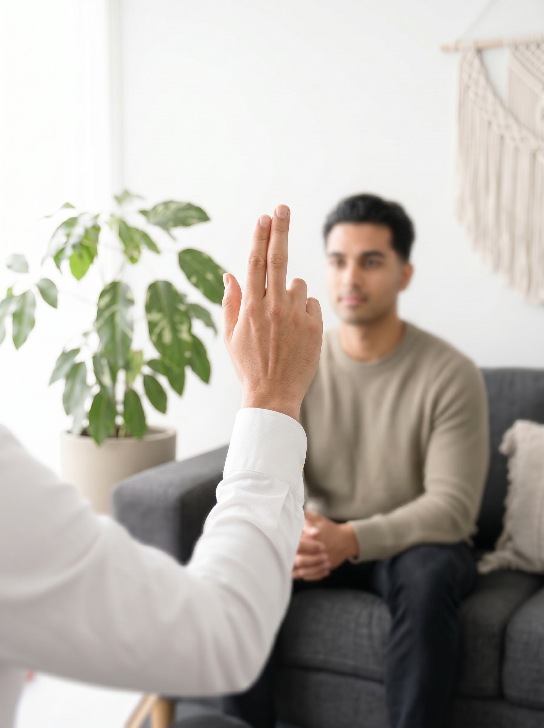 A man sitting on a gray couch, with a woman in front of him making a peace sign with her fingers, in a bright room with a large green plant and wall decor.