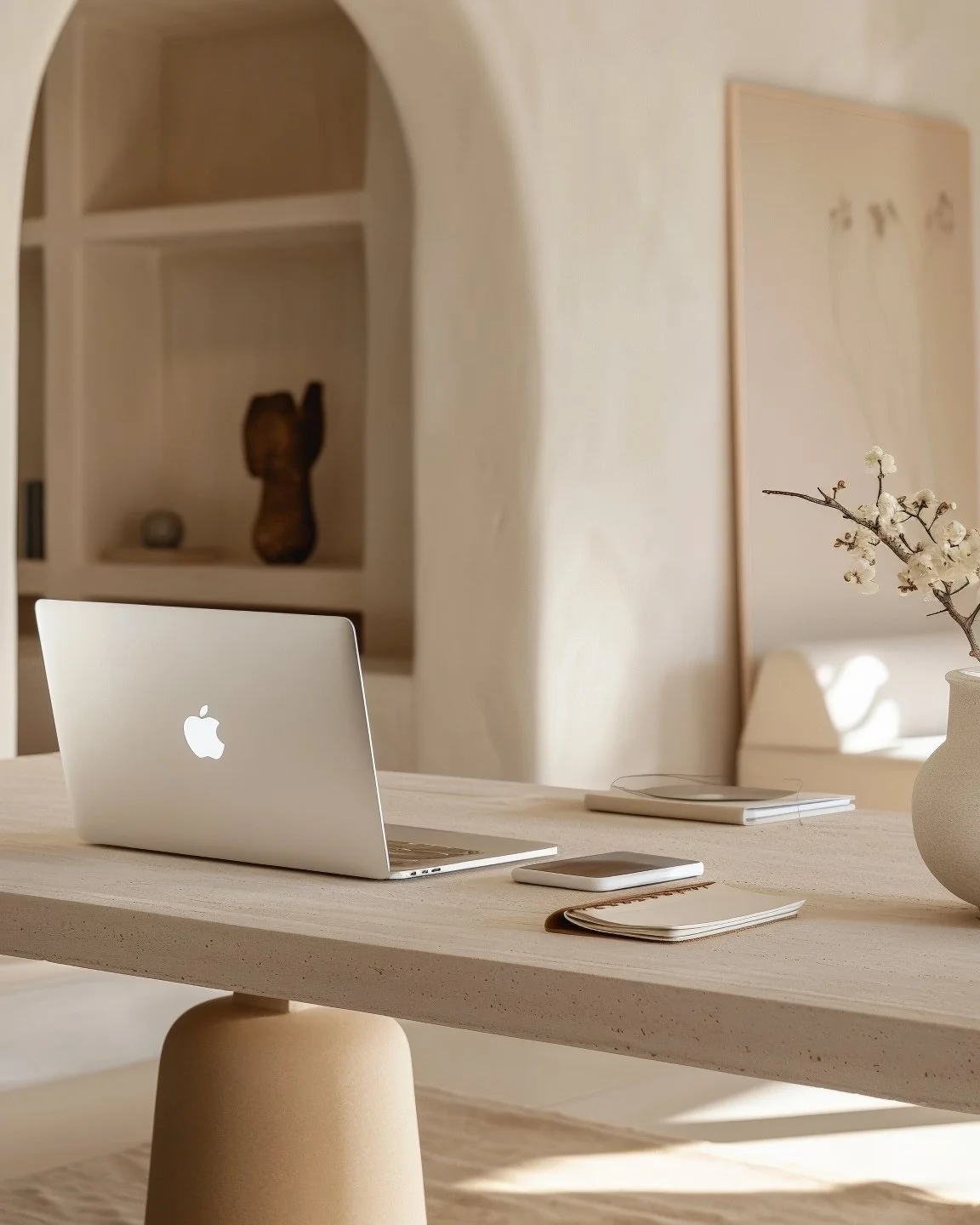 A minimalist workspace with a silver Apple MacBook on a light wooden table, alongside a closed notebook, a smartphone, and a notepad. In the background, a beige vase with white flowers on the table and a beige wall with a piece of artwork.