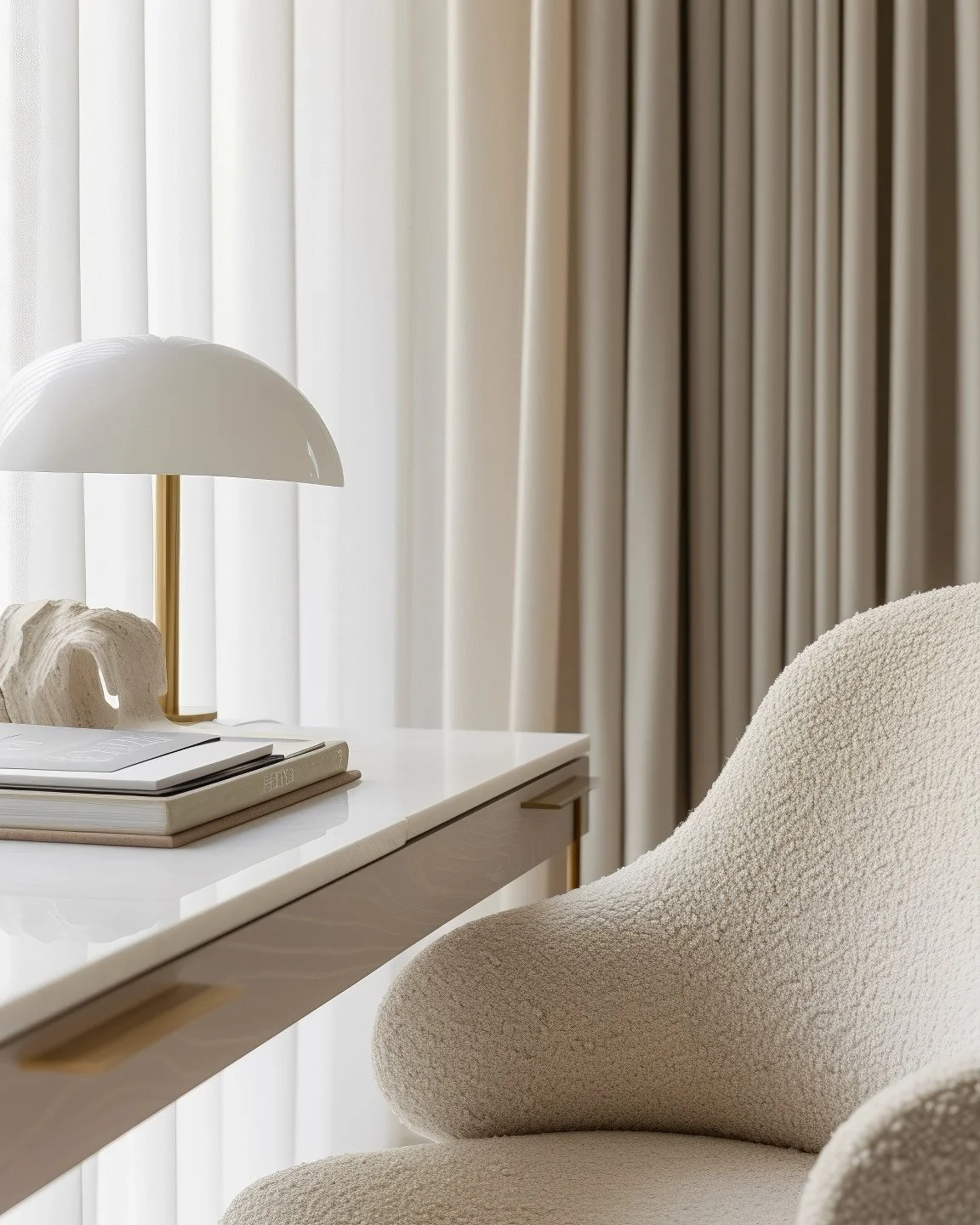 A beige upholstered armchair next to a white desk with a white table lamp, books, and a decorative piece, in a room with sheer white and beige curtains.