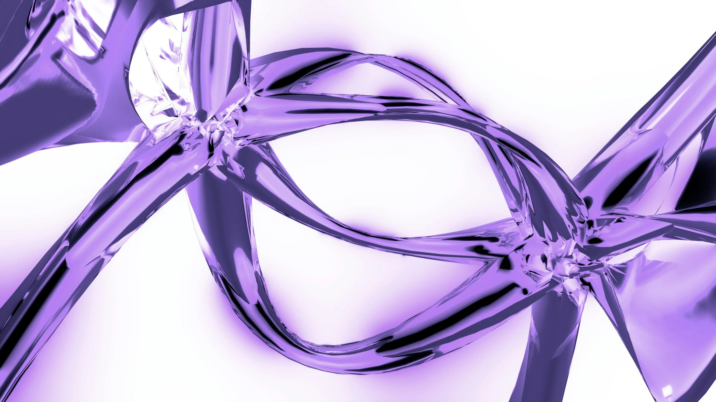 Abstract digital art featuring intertwined purple and black glass-like ribbons with sharp edges and reflective surfaces on a white background.