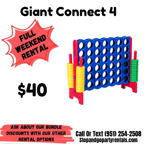 Advertisement for Giant Connect 4 game with rental price of $40 for full weekend rental, featuring a red, yellow, and green Connect 4 game, and contact information including a phone number and website.