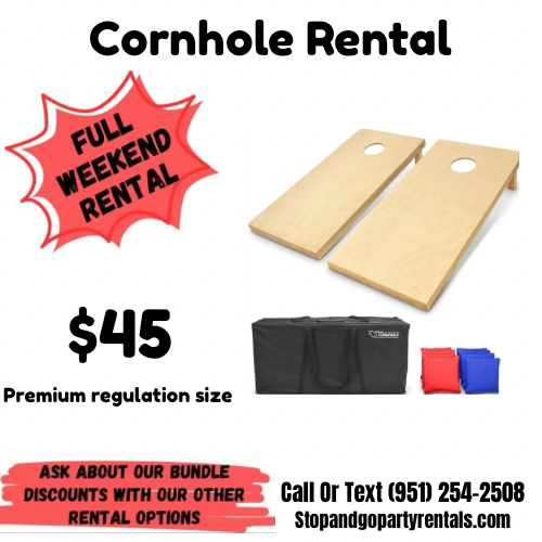 Cornhole rental advertisement featuring two wooden cornhole boards, a carrying bag, and red, blue, and black bean bags. Price is $45 for full weekend rental, includes premium regulation size boards. Contact via phone or website.