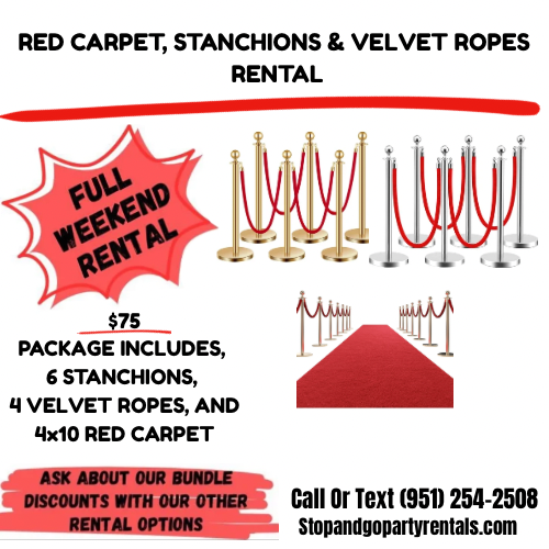 Rental advertisement for event accessories including red carpet, stanchions, and velvet ropes with pricing and contact information.