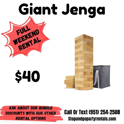 Advertisement for giant Jenga game rental, priced at $40, with a large wooden Jenga set and carrying bag, and text promoting full weekend rental and bundle discounts, along with contact information.