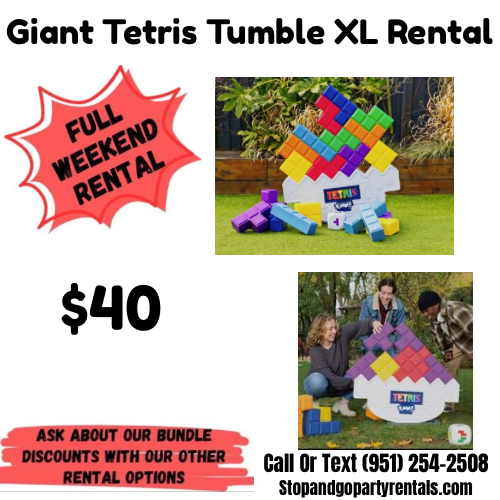 Advertisement for giant Tetris Tumble XL rental, featuring images of a large Tetris game setup, price of $40, and contact information for rental inquiries.