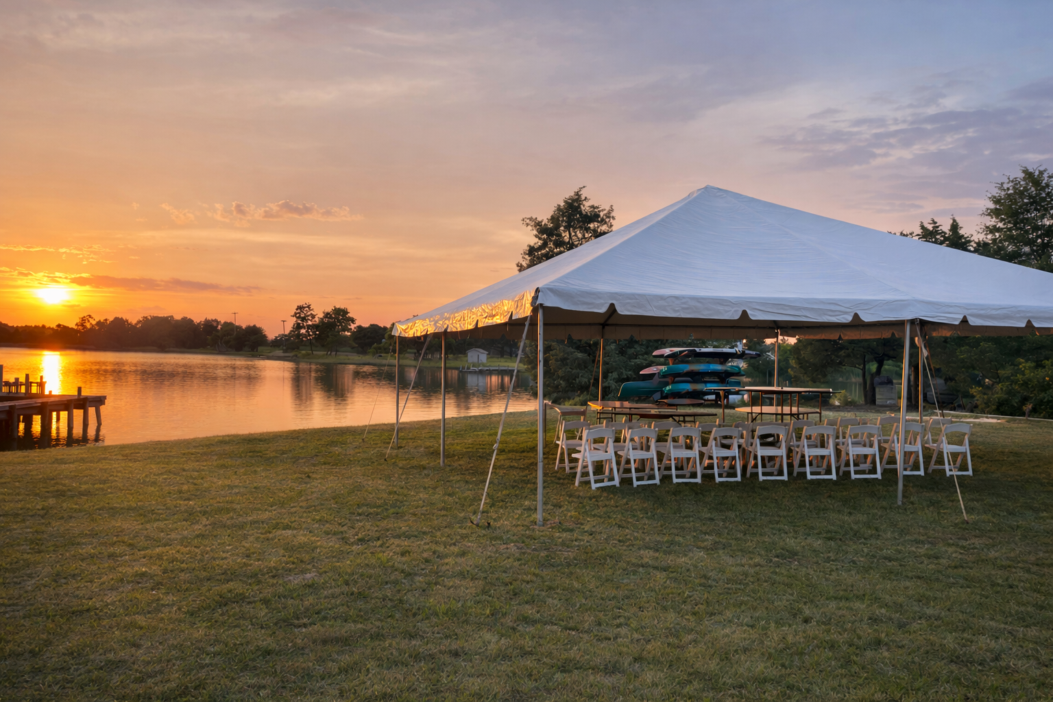 Waterfront wedding tent rental in Hampton Roads Virginia at sunset