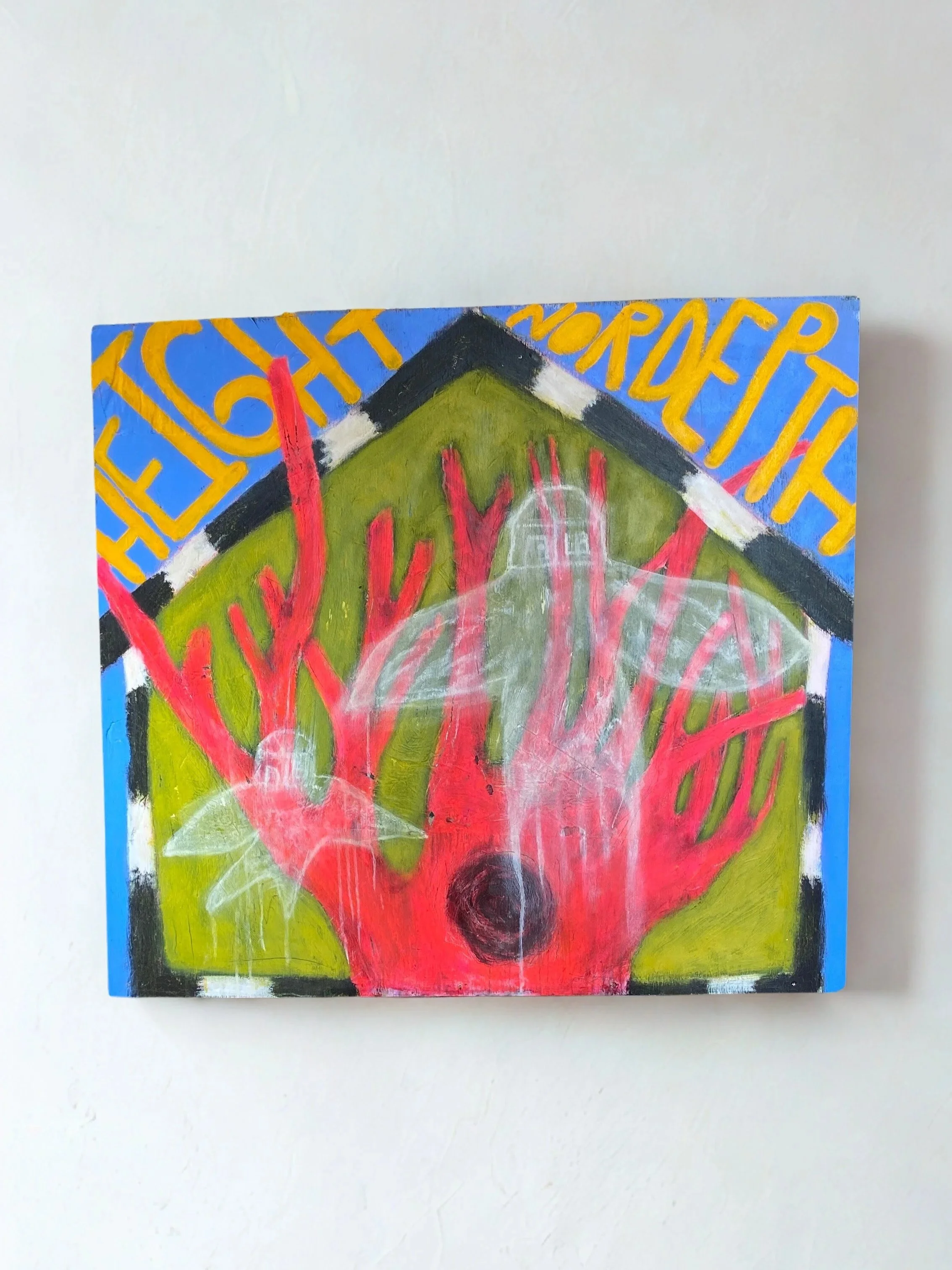 "Height nor Depth" 2025
mixed media on discarded plywood
48x44 in