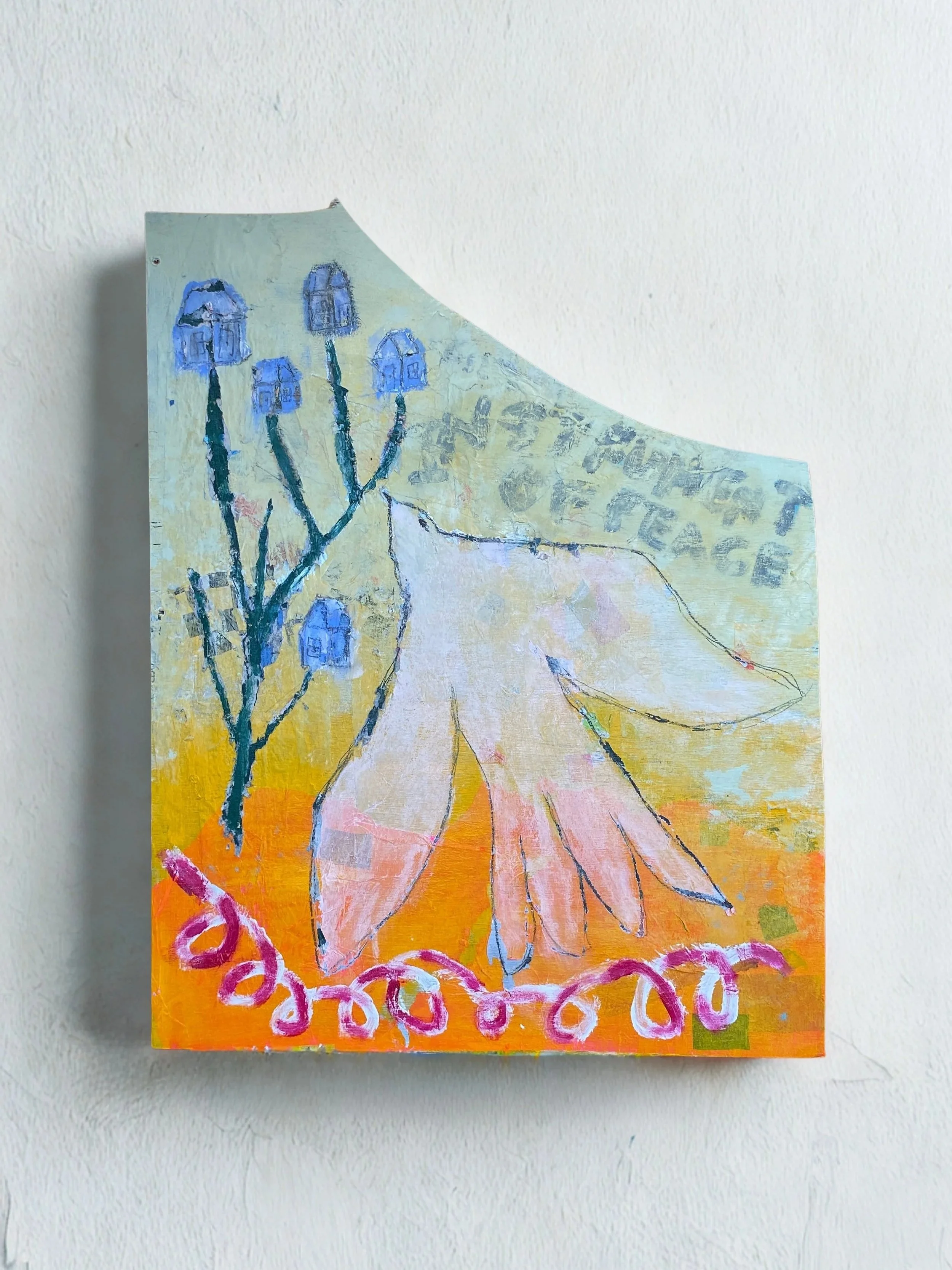 "Instrument of Peace" 2025
mixed media on discarded plywood
28x 34.5in