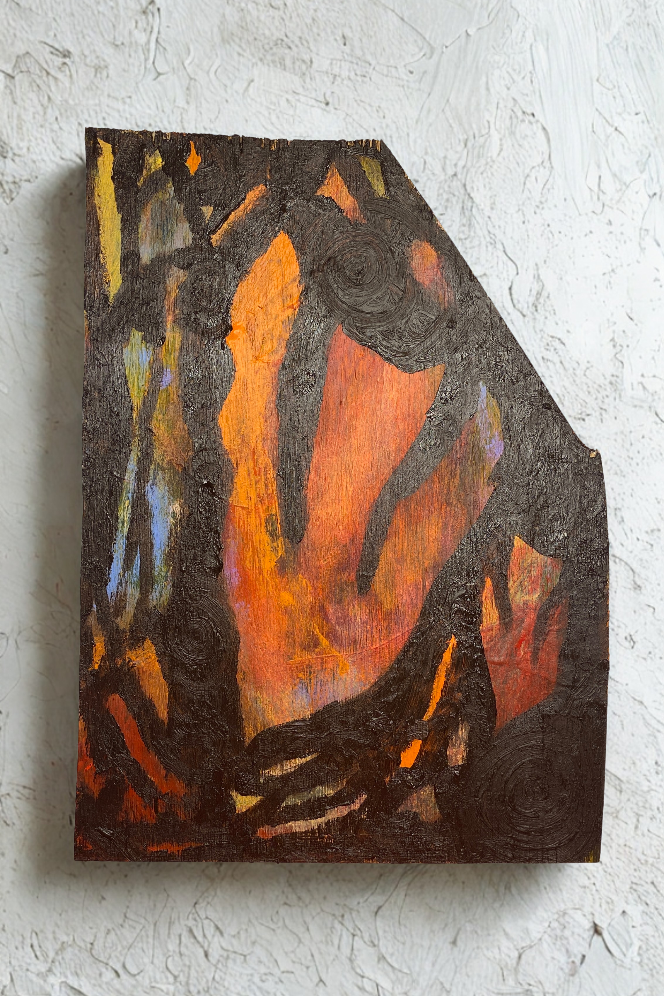 "a machine of two objects clanging into each other" 2025
acrylic and oil on discarded plywood