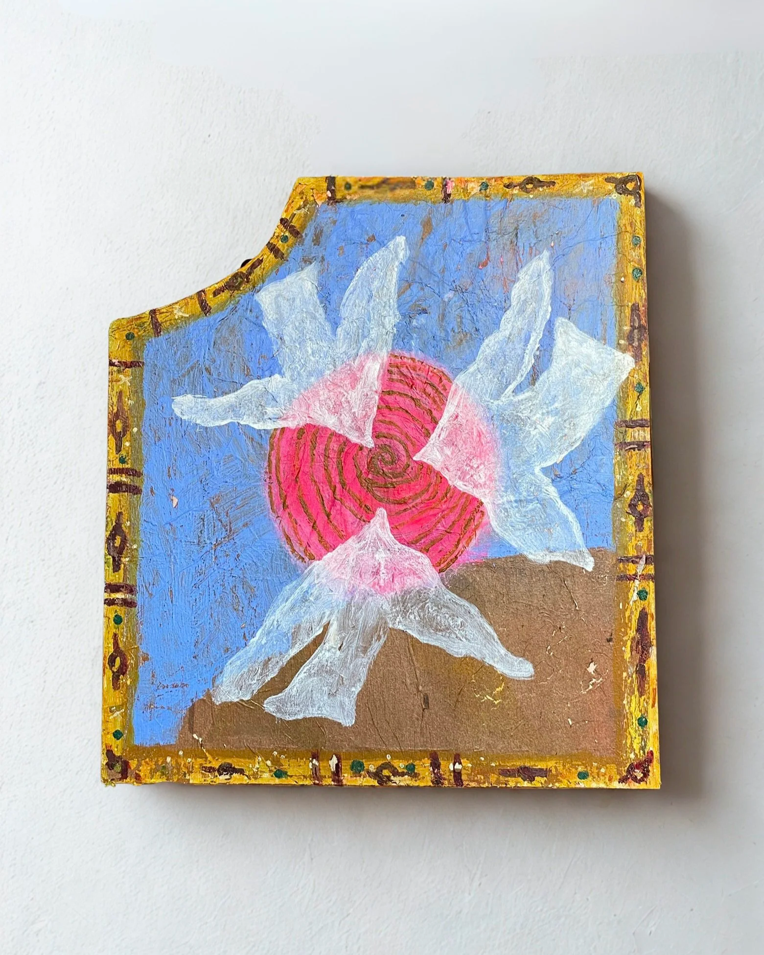 "hover" 2026
mixed media on discarded plywood
25x29 in