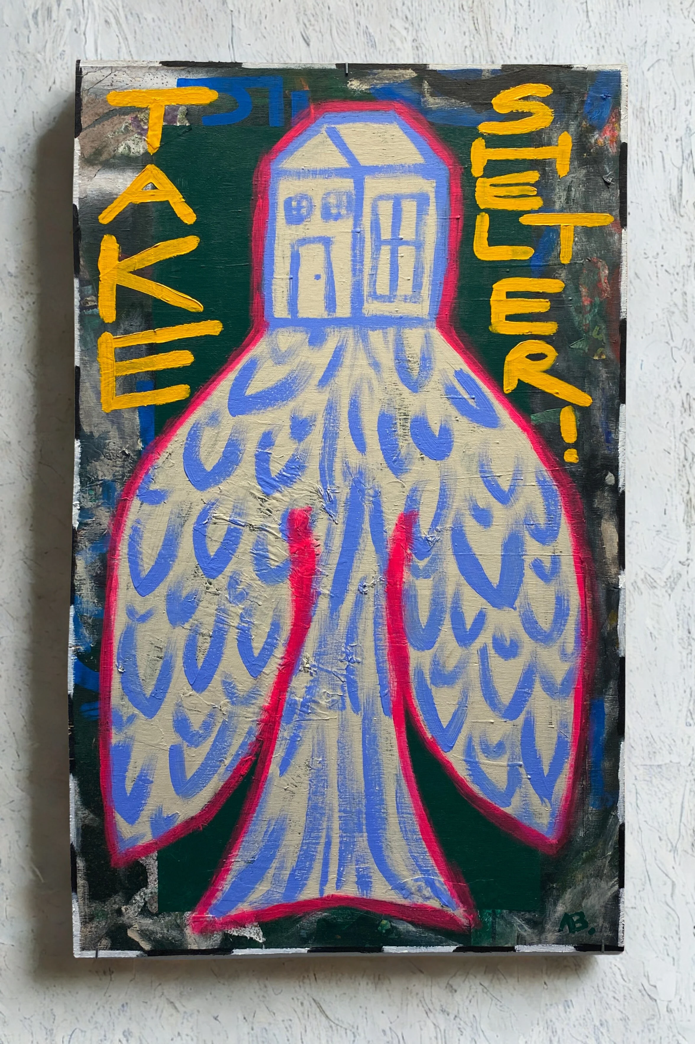 "TAKE SHELTER" 2025
mixed media on discarded plywood
28x46 in