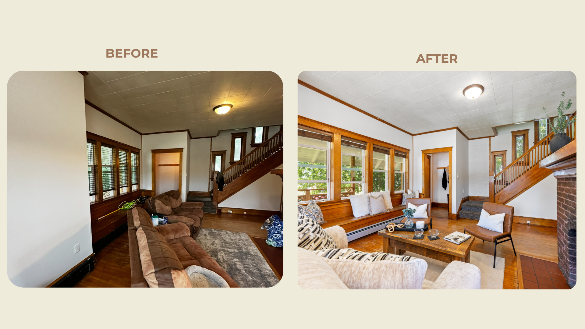 Comparison of living room before and after renovation, with improved lighting and decor, featuring large windows, wooden accents, and modern furniture.