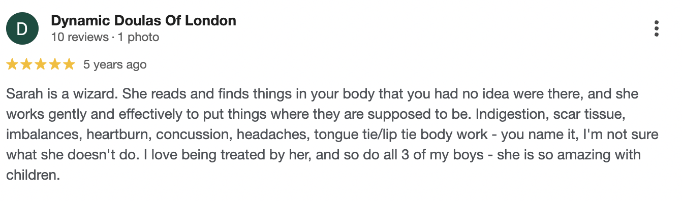Google review from a business called Dynamic Doulas Of London, praising Sarah for her holistic health and bodywork services.