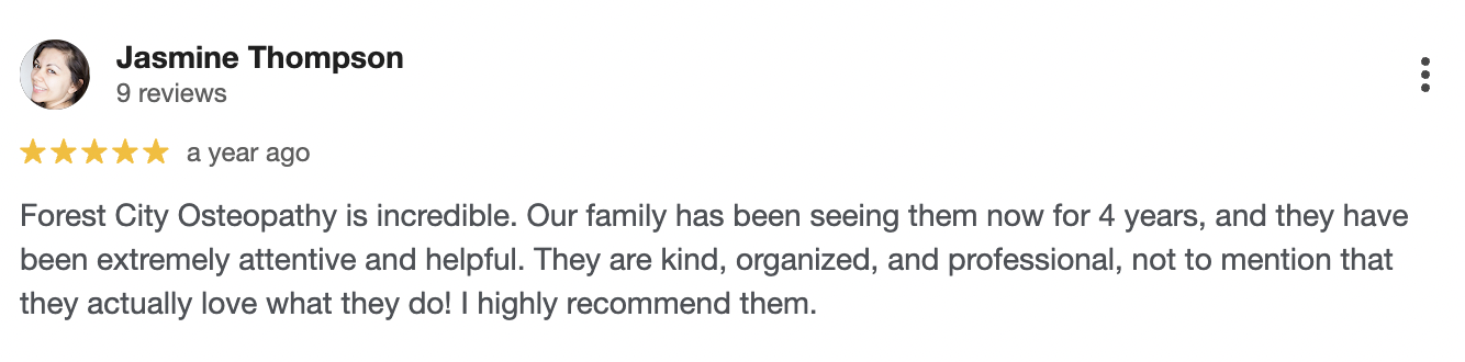 Google review from Jasmine Thompson praising Forest City Osteopathy for attentive, helpful, and professional service.