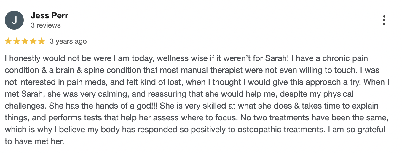 Google 5-star review from Jess Perr praising Sarah's osteopathic treatments for chronic pain management.